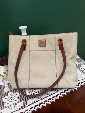 Dooney & Bourke Cream Pebbled Leather Shoulder Bag with Brown Leather